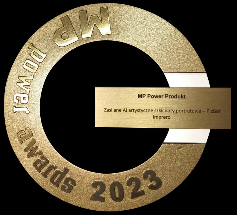 MP Power Awards 2023 trophy, awarded to Imprero for the PicBot AI portrait sketching robots